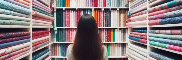 mujer frente a lomos de tela