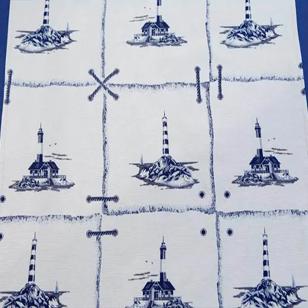 Camino de mesa con faros marineros tejidos en azul. Medida 150x50 cm.