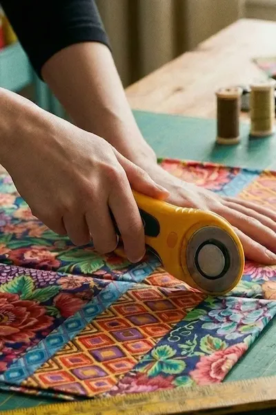 Mesa de corte con telas y lanas en Mercería Tea Costurea