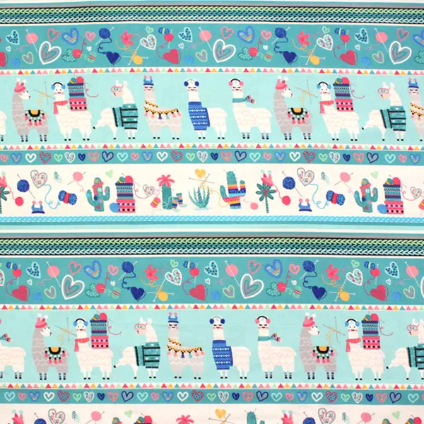 Tela de labores estampada con franjas de llamas en tonos turquesa.