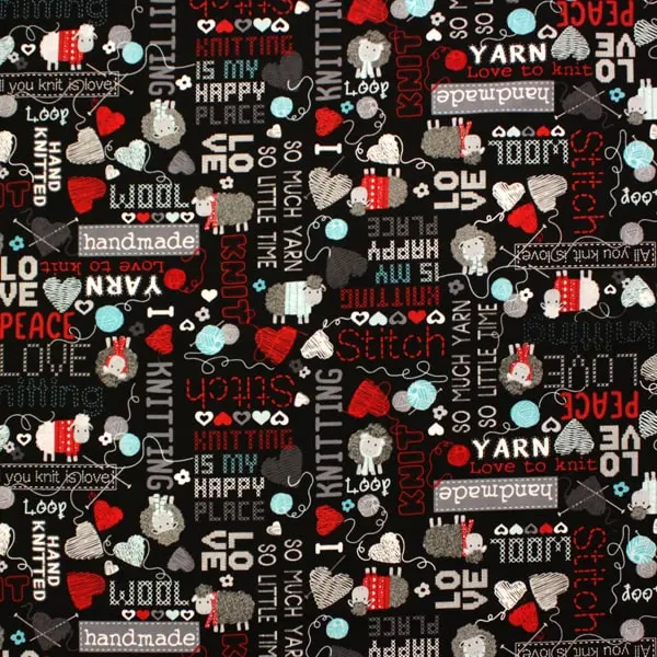 Tela con palabras y frases sobre labores handmade, col <All you knit is love>