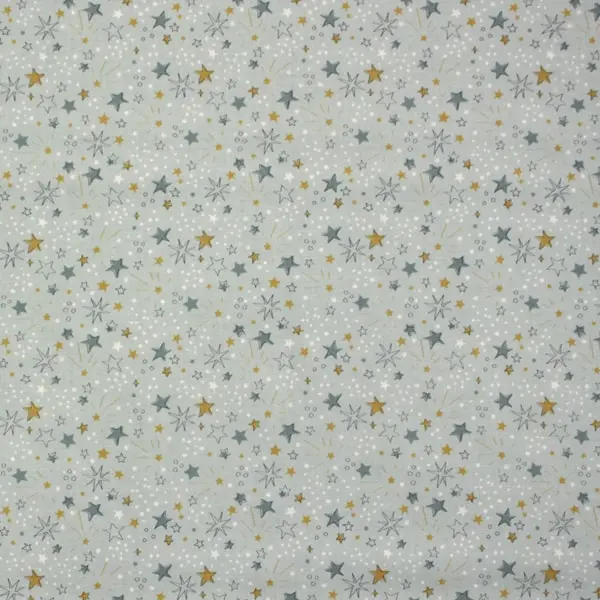 Tela fondo azul grisáceo estampada con estrellas blancas, azul y mostaza