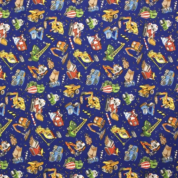 Tela infantil de fondo azul estampada con vehículos de la construcción