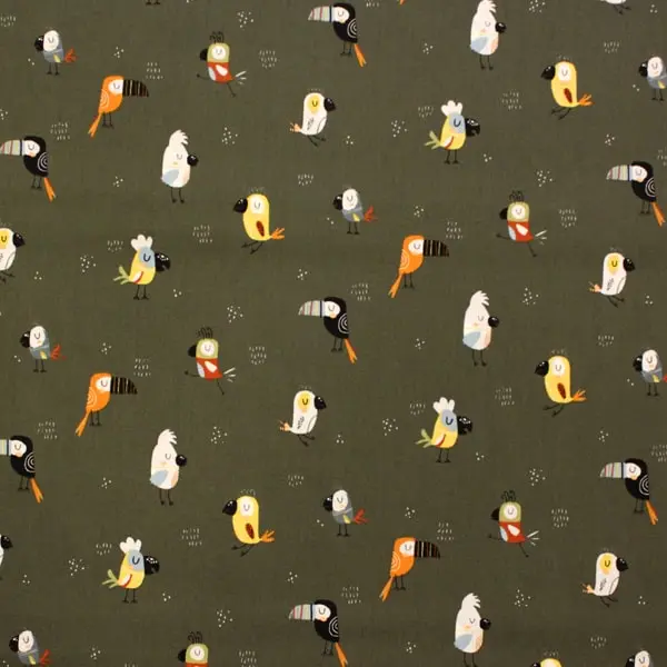 Tela Verde Oscuro estampada con diferentes tipos de pájaros