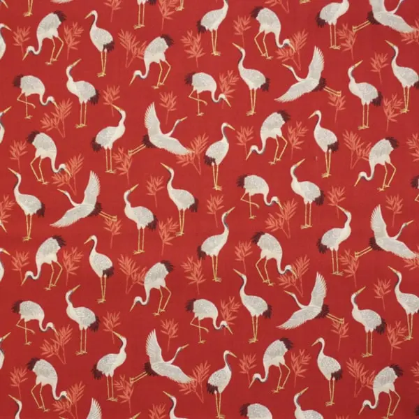 Tela japonesa fondo rojo estampada con dibujos de garzas de Michiko