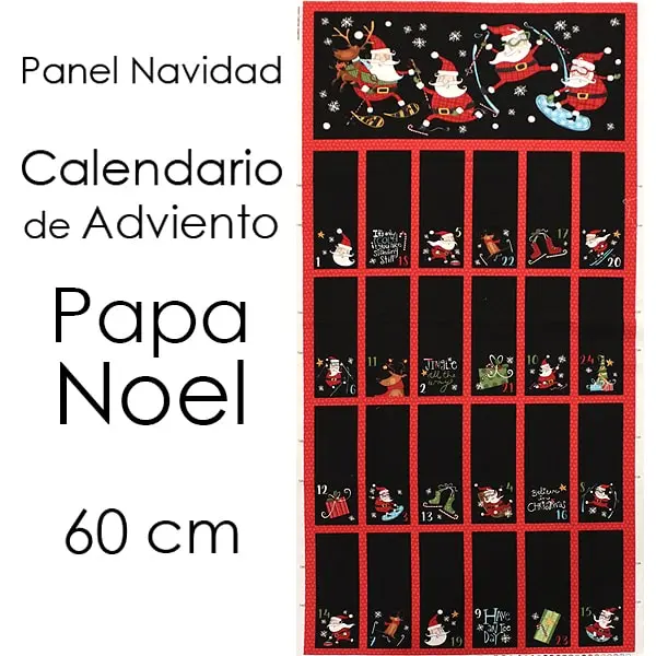 Panel calendario de adviento con motivos de Papa Noel. Medida 60 x 110 cm