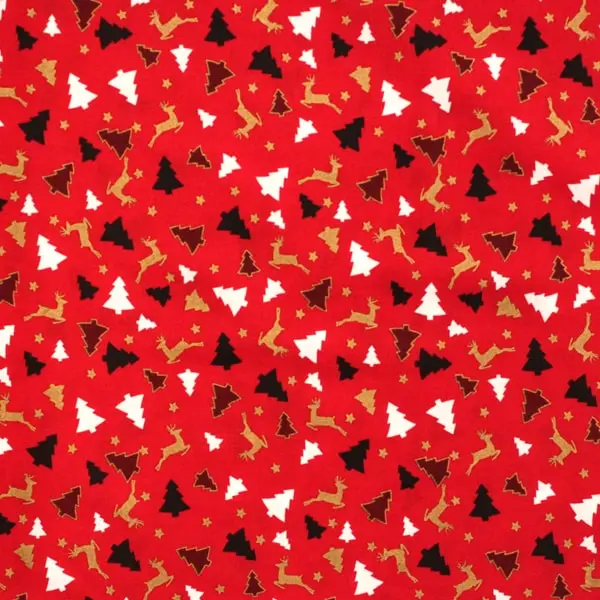 Renos dorados y abetos sobre fondo rojo