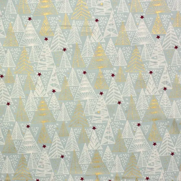 Tela de Navidad con fondo menta estampada con arboles dorados y blancos