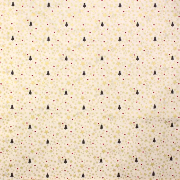 Tela navidad fondo blanco, estampado de estrellas doradas y árboles color gris