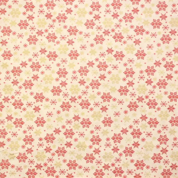 Tela de copos de nieve en blanco y dorado rojo sobre un fono crudo