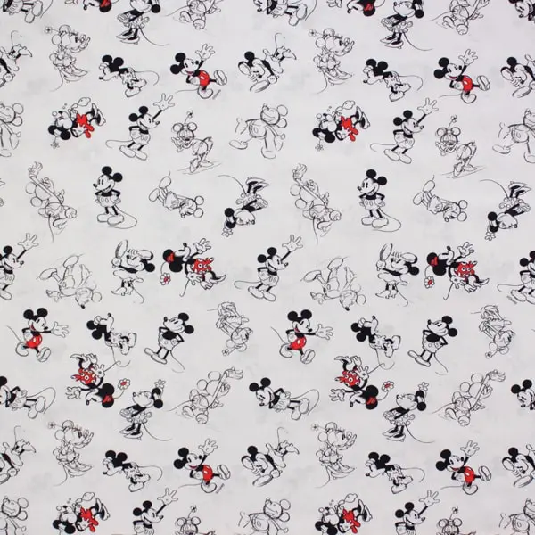 Mickey y Minnie Mouse en blanco y negro con detalles en rojo