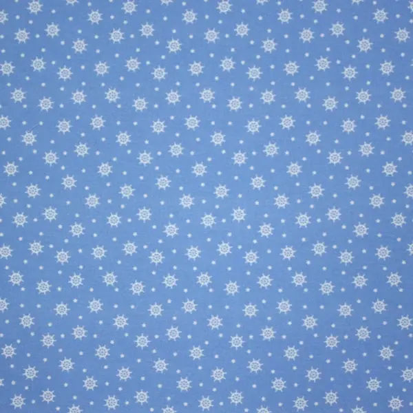 Estampado de timones marineros sobre fondo azul.