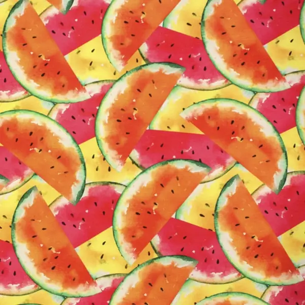 Loneta antimanchas estampadas con dibujos de sandías en vivos colores.