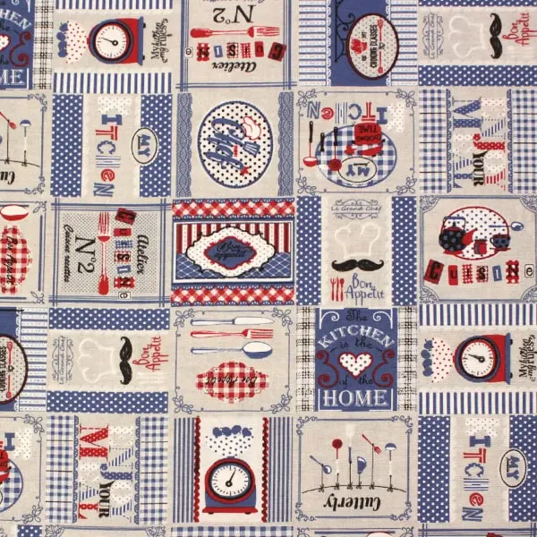 Loneta con motivos de cocina en tonos azul y rojo (280cm de ancho)