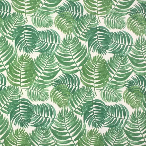 Loneta estampada con hojas en tonos verdes (280 cm de ancho) fondo en color beig