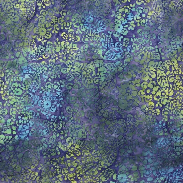 Azul Colores, Batik de base color azul estampada con colores lilas y amarillos — vista 1