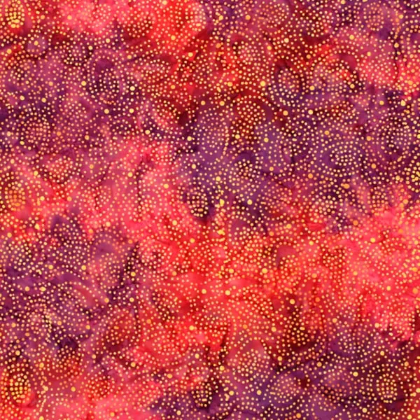 Bali Tropical Naranja, Batik en tonos naranjas y lilas estampada con topitos en color amarillo. — vista 1