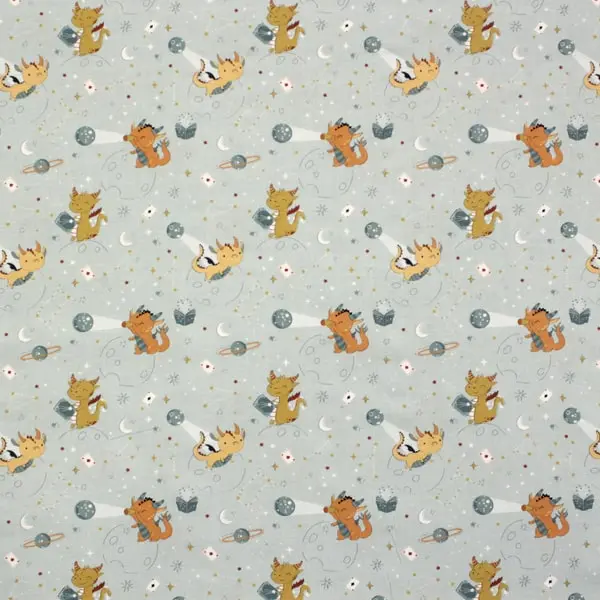 Dragones Planetas, Tela fondo azul grisáceo estampada con dragones, estrellas y planetas