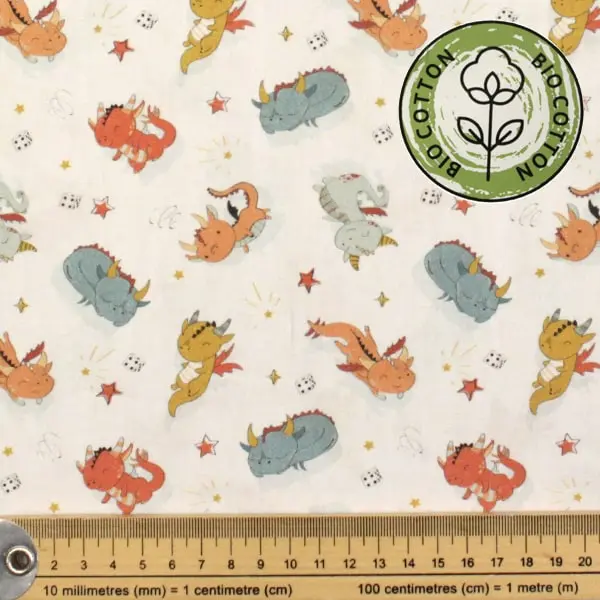 Dragones Color, Tela fondo blanco estampada con dragones en color naranja y azul grisáceo — vista 2