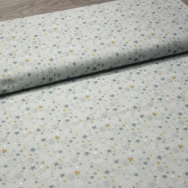 Dragones Estrellas, Tela fondo azul grisáceo estampada con estrellas blancas, azul y mostaza — vista 3