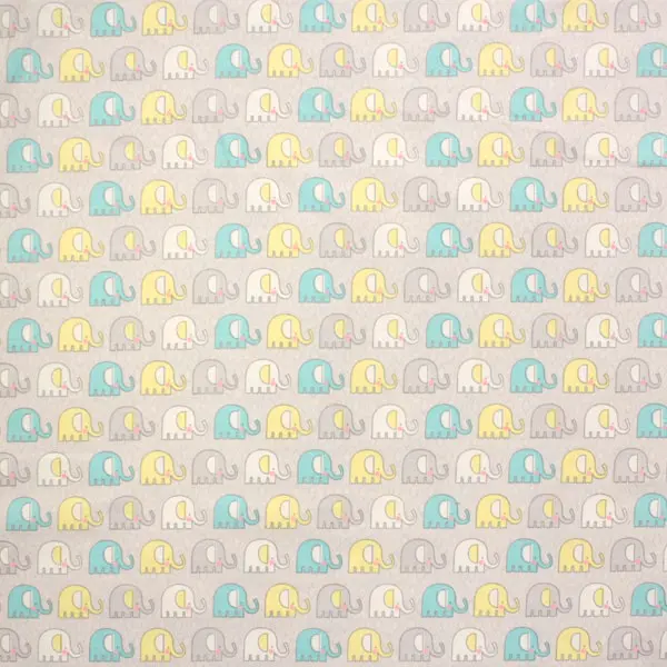 Elefantes Pastel, Tela fondo gris perla con dulces elefantes en colores pastel