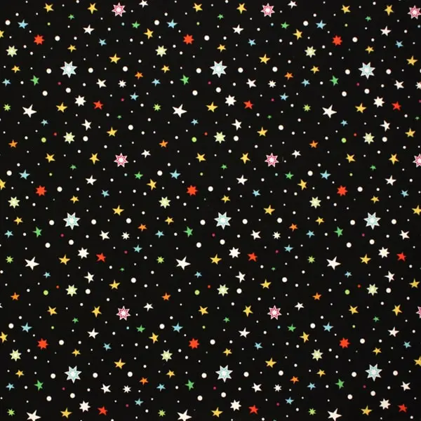 Lift Off Star, Tela negra estampada con estrellas de colores que brillan en la oscuridad