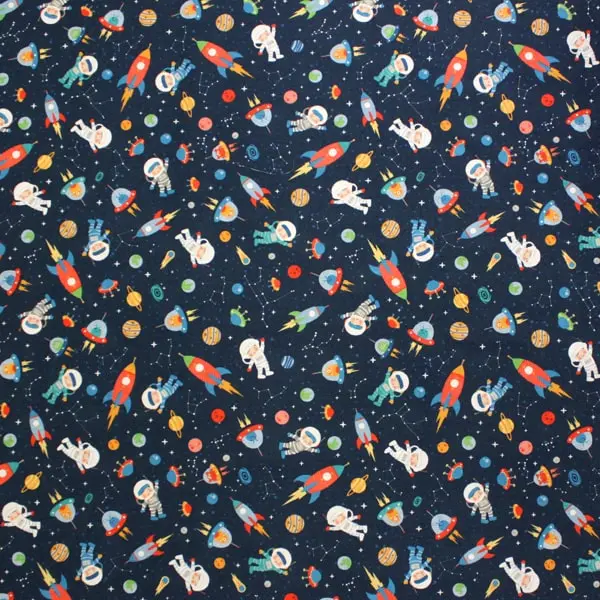 Astronautas, Estampado del espacio, con astronautas, cohetes y planetas