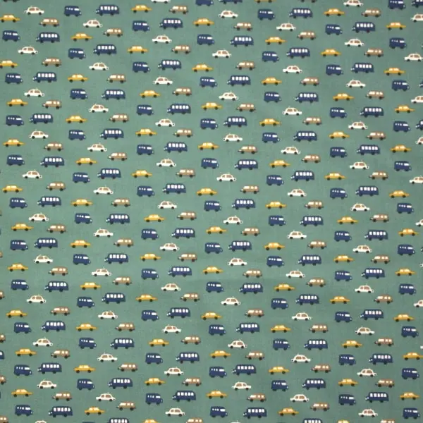 Coches Autobús, Autobuses y coches multicolor en esta tela de fondo color mint