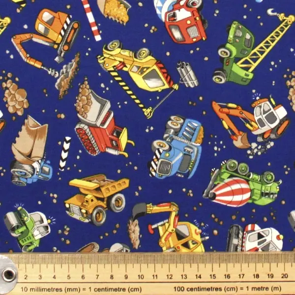 Construcción, Tela infantil de fondo azul estampada con vehículos de la construcción — vista 2