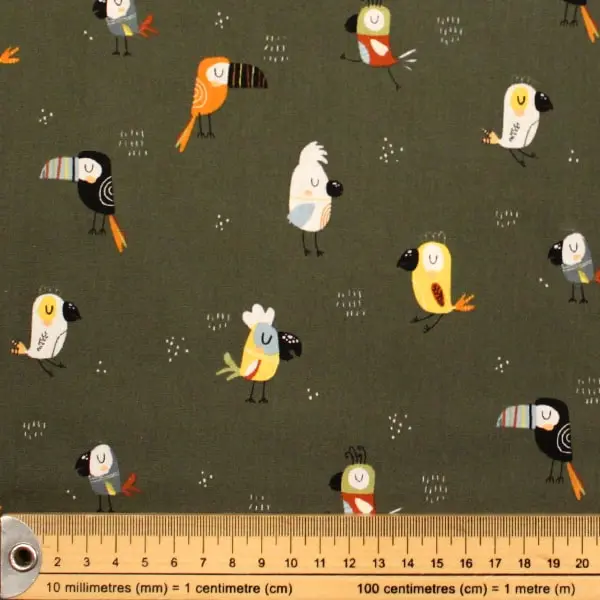 Pajaritos Verde , Tela Verde Oscuro estampada con diferentes tipos de pájaros — vista 2