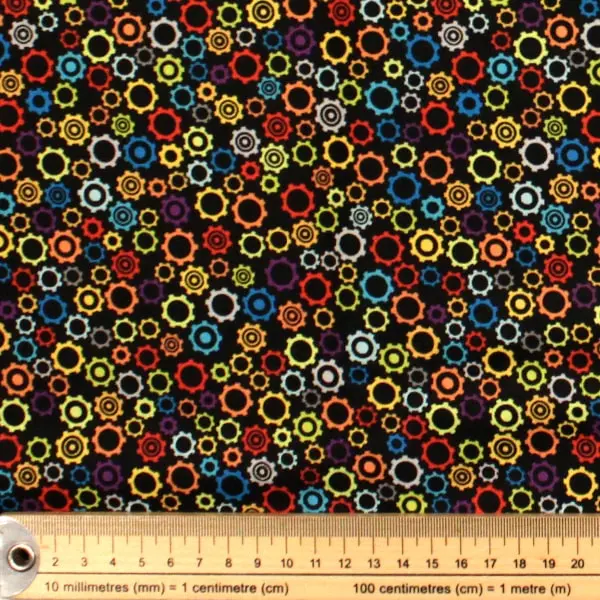 Robots Engranajes, Tela fondo negro con piezas de engranaje en diferentes colores — vista 2