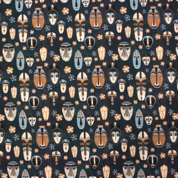 Sawa Azul, Tela con estampados aztecas sobre fondo azul petróleo.