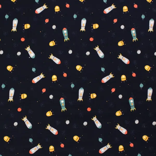 Space Cohetes, Tela azul marino estampada de motivos del espacio, cohetes, naves...