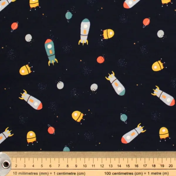 Space Cohetes, Tela azul marino estampada de motivos del espacio, cohetes, naves... — vista 2