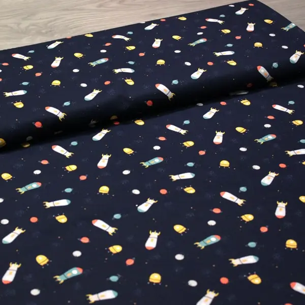 Space Cohetes, Tela azul marino estampada de motivos del espacio, cohetes, naves... — vista 3