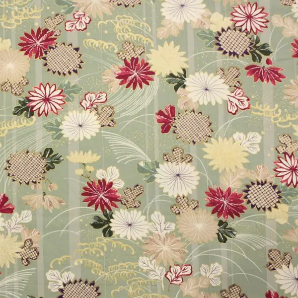 Daisies 12, Tela japonesa estampada con flores en fondo verde y toques dorados