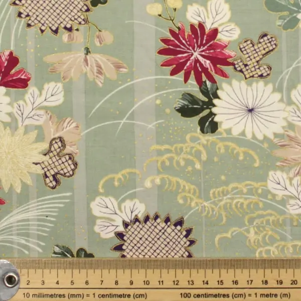 Daisies 12, Tela japonesa estampada con flores en fondo verde y toques dorados — vista 2