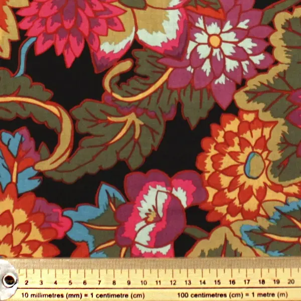 Estampado de hojas en tela algodón Kaffe Fassett Cloisonne Black de 110cm - Detalle de la textura y escala de medida