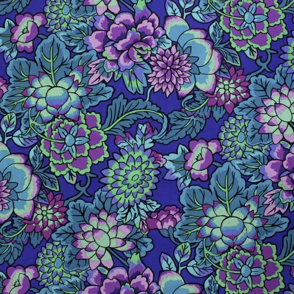 Algodón patchwork Kaffe Fassett Cloisonne Blue con flores y hojas de 110cm - Vista general
