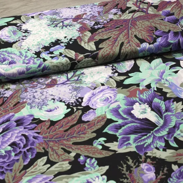 Estampado floral morado en tela algodón Kaffe Fassett Floral Burst de 110cm - Vista del lomo enrollado