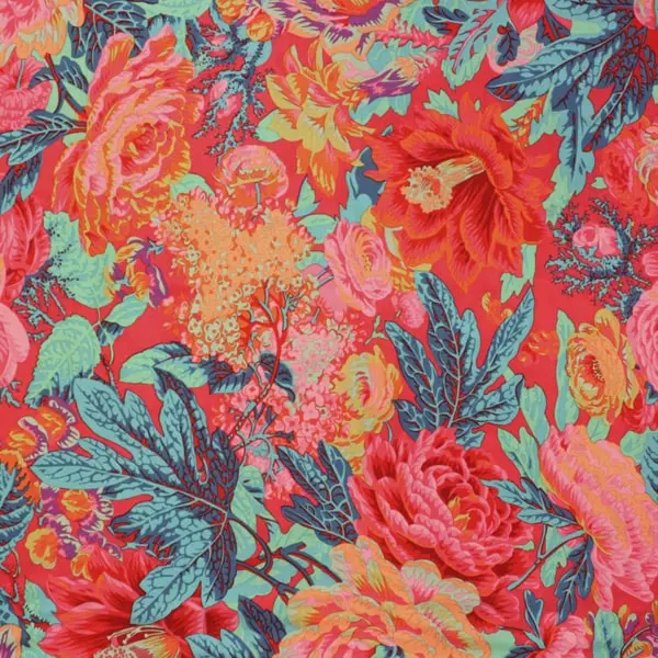 Algodón patchwork Kaffe Fassett Floral Burst Red con flores rojas de 110cm - Vista general