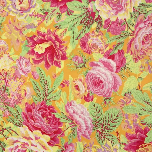 Tela de algodón Kaffe Fassett Floral Burst Yellow con hojas y flores de 110cm - Vista general