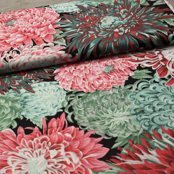 Tejido de algodón Kaffe Fassett Chrysanthemum Blush floral rosa y verde de 110cm - Vista del lomo enrollado