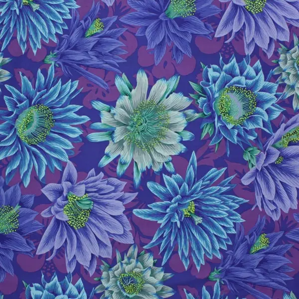 Estampado floral en tela algodón Kaffe Fassett Cactus Blue azul y morado de 110cm - Vista general