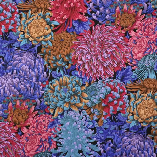 Tejido de algodón Kaffe Fassett Hokusai Dark con flores moradas en negro de 110cm - Vista general