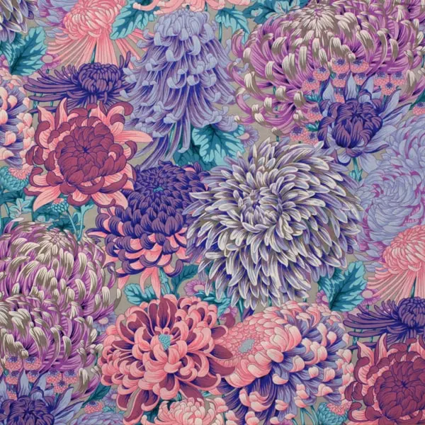 Estampado floral gris en tela algodón Kaffe Fassett Hokusai Grey patchwork de 110cm - Vista general