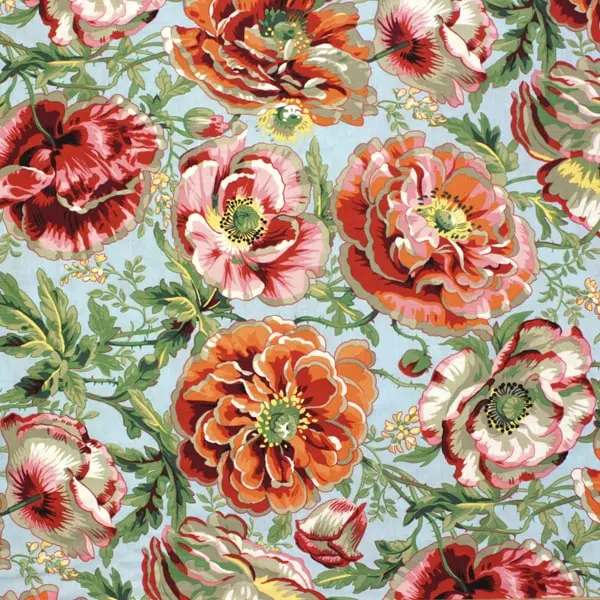 Tela de algodón Kaffe Fassett Dorothy Natural con flores fondo beige y azul de 110cm - Vista general