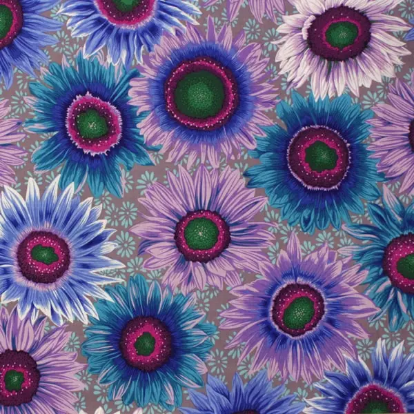 Tela de algodón Kaffe Fassett Van Gogh Blue con diseño floral azul y morado de 110cm - Vista general