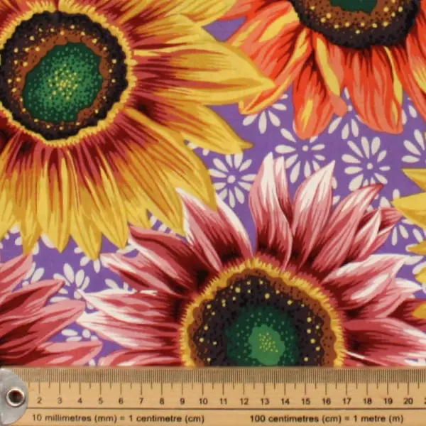 Tejido de algodón Kaffe Fassett Van Gogh Brigh con flores fucsia y naranja de 110cm - Detalle de la textura y escala de medida