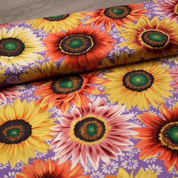Tejido de algodón Kaffe Fassett Van Gogh Brigh con flores fucsia y naranja de 110cm - Vista del lomo enrollado